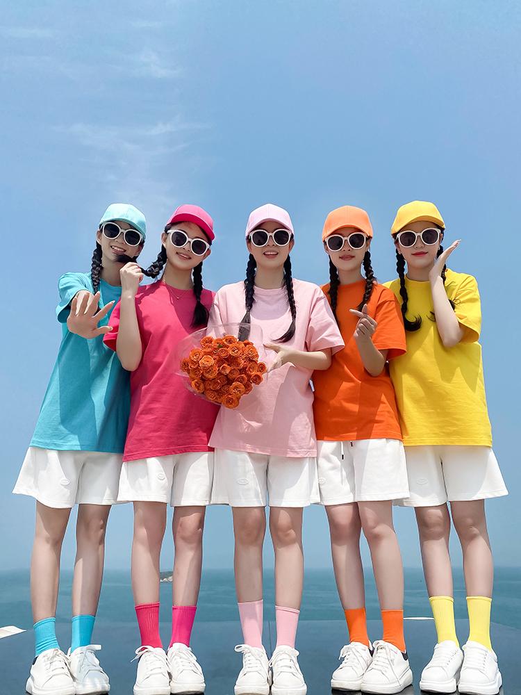 단체티 컬러풀 루즈핏 여름티 반팔티 남녀공용 양말 맨투맨 라운드넥 커플티 체리블라썸핑크 XS 바지 S - 상세 이미지 4