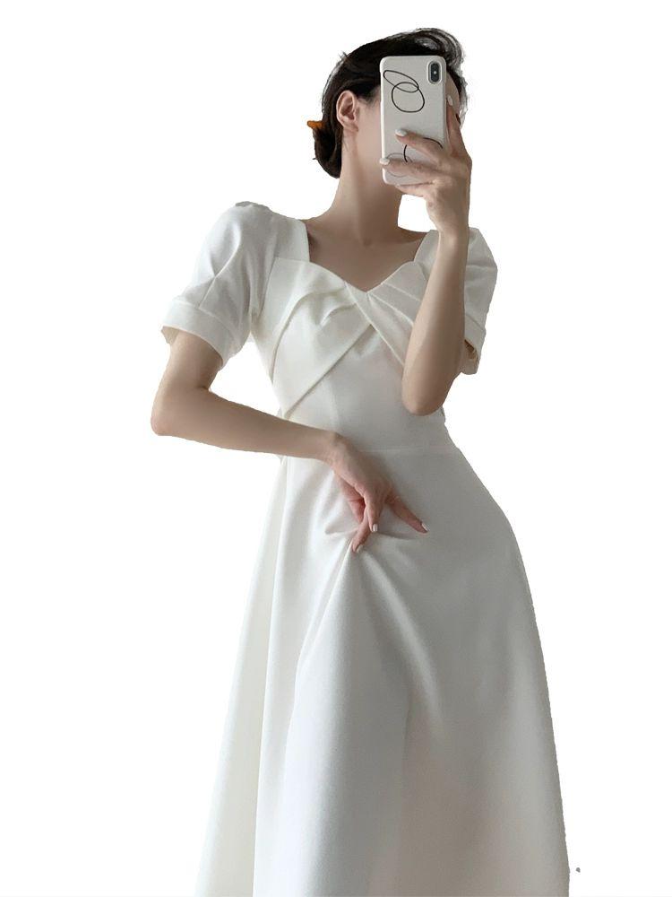 신부피로연원피스 결혼식 드레스 돌잔치 원피스 웨딩 예복 신부 촬영 피로연 셀프 홀터넥 화이트 S - 상품 이미지