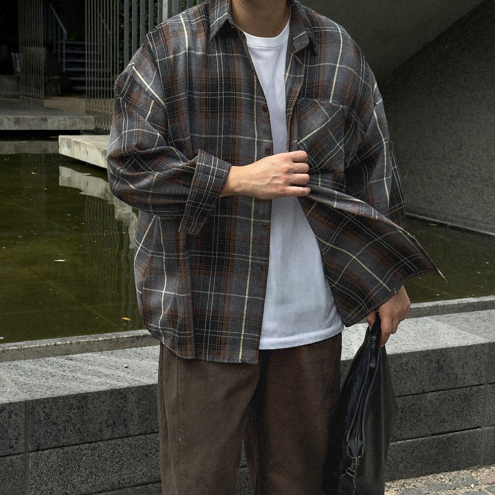 플란넬셔츠 남자체크남방 남자오버핏셔츠 - 상품 이미지