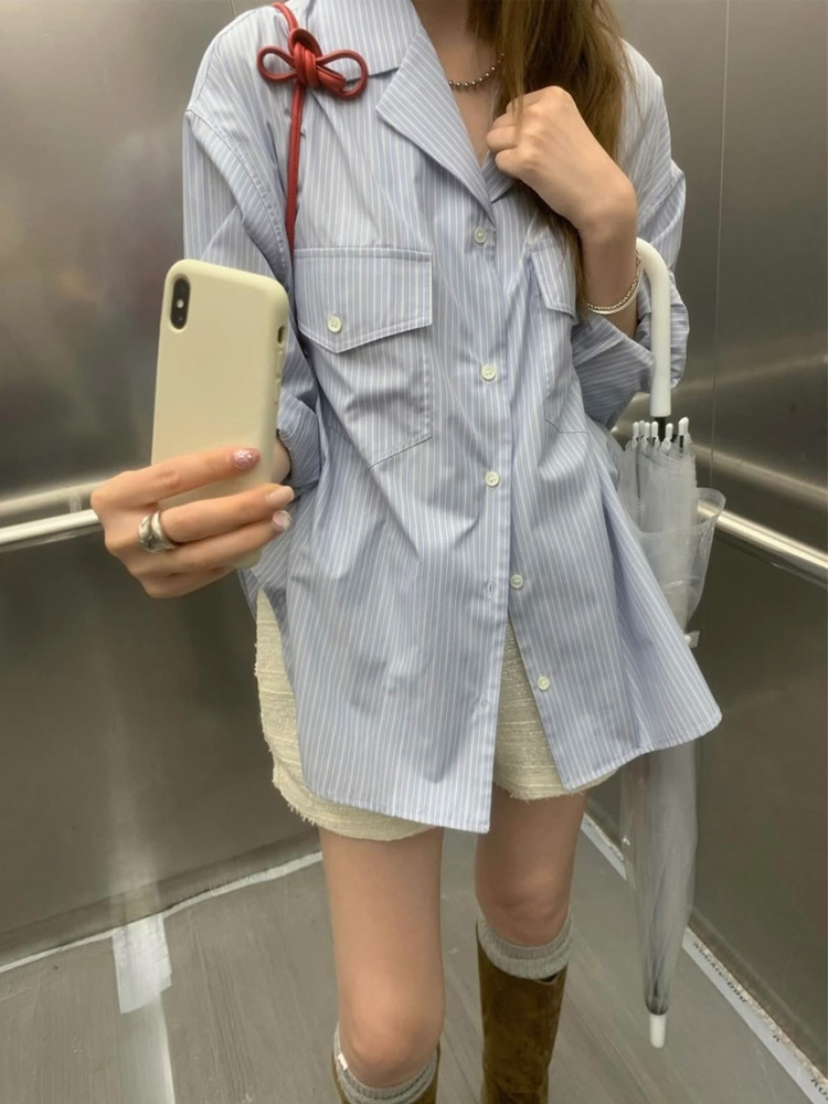 오픈카라 더블 포켓 텐셀 여성 스트라이프 셔츠 남방 가을 여자 셔츠 블루 소라색 하늘색 - 상세 이미지 2