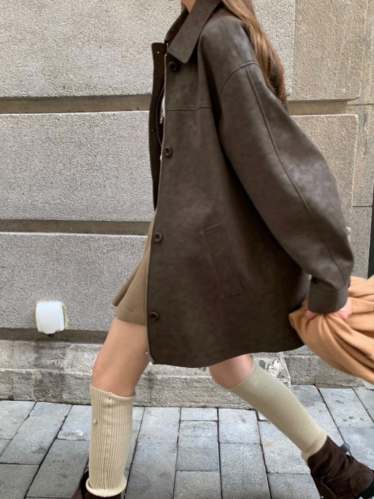 싱글 카라넥 클래식 고급 레더 오버핏 여성 가죽자켓 브라운 하프 가을 여자 자켓 - 상세 이미지 5