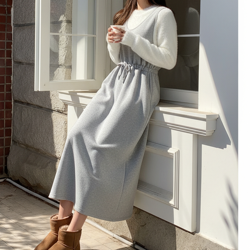 라운드 기모 a라인 스커트 나시 원피스 롱, 그레이, FREE(One size) - 상세 이미지 2