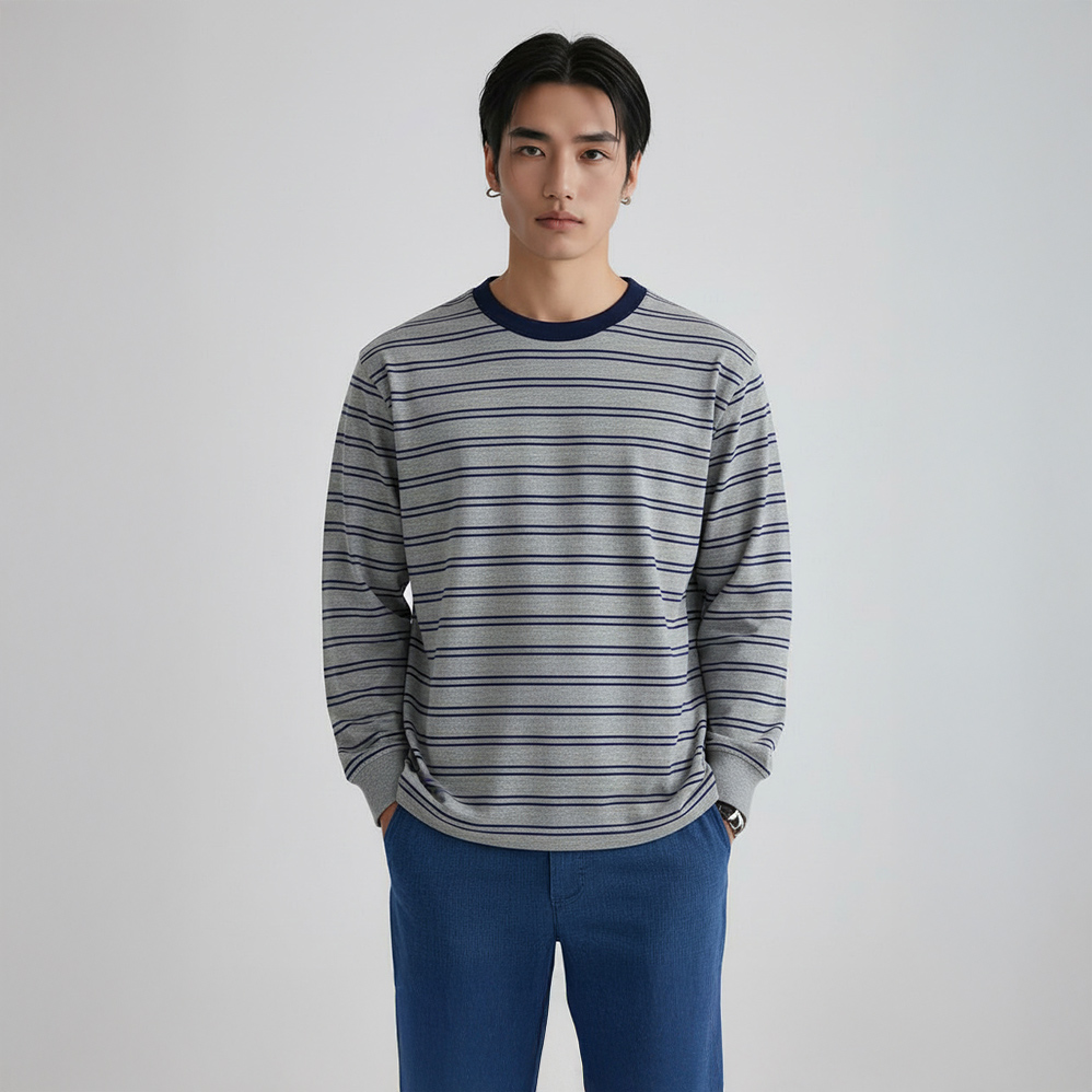 남자링거티 남성 쭉티 오버핏 스트라이프 20수 긴팔 티셔츠 - 상품 이미지