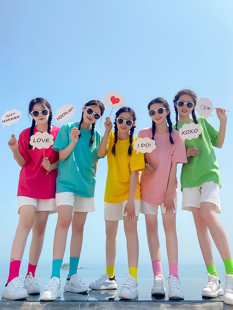 단체티 컬러풀 루즈핏 여름티 반팔티 남녀공용 양말 맨투맨 라운드넥 커플티 체리블라썸핑크 XS 바지 S - 상품 이미지