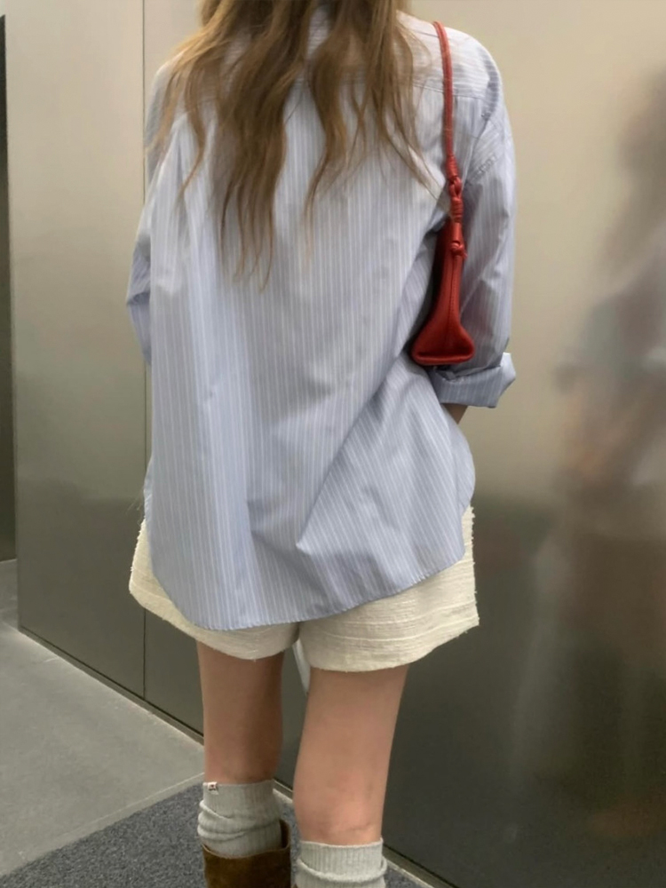 오픈카라 더블 포켓 텐셀 여성 스트라이프 셔츠 남방 가을 여자 셔츠 블루 소라색 하늘색 - 상세 이미지 5