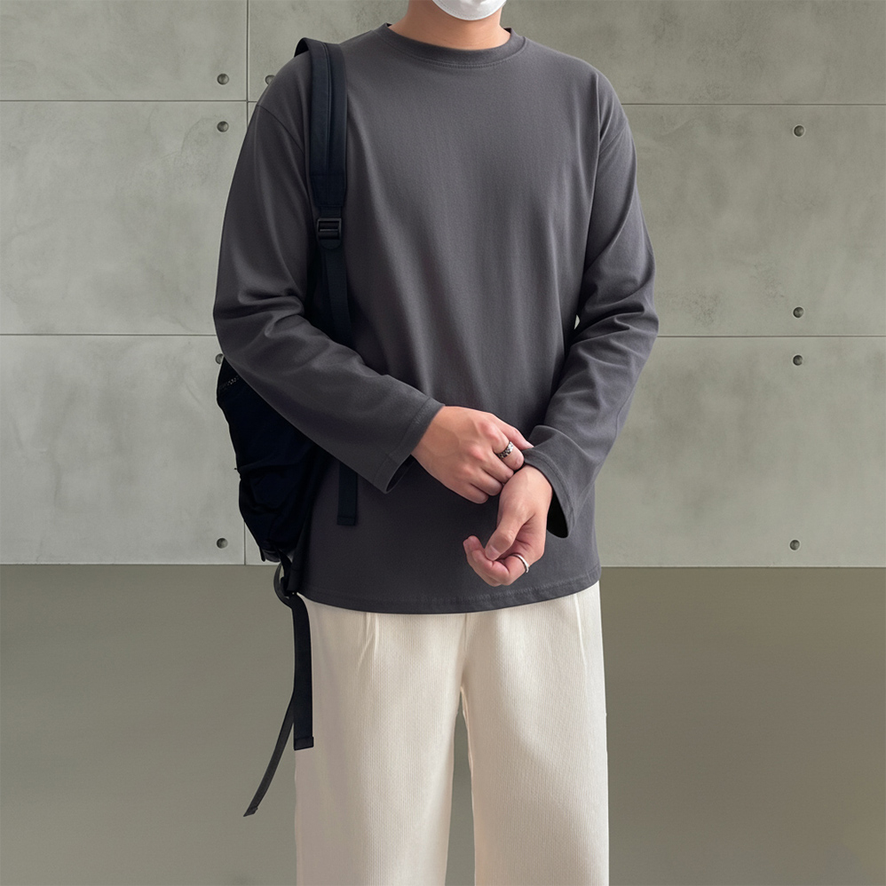 1+1 남자무지티 커플 오버핏 긴팔 목안늘어나는 비침없는 흰 티셔츠 - 상세 이미지 3