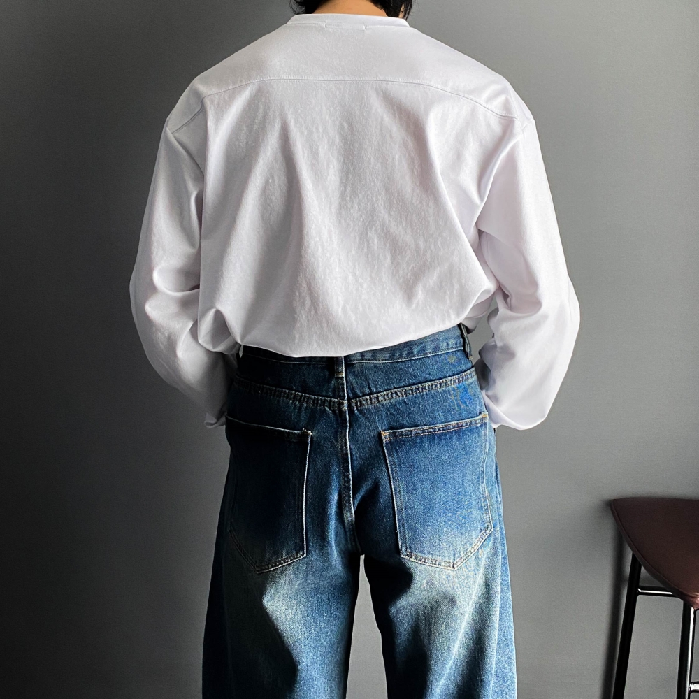 남자 절개 흰색 면 티 라운드 어깨넓어보이는 고밀도 비침없는 데일리 이너티 - 상세 이미지 2