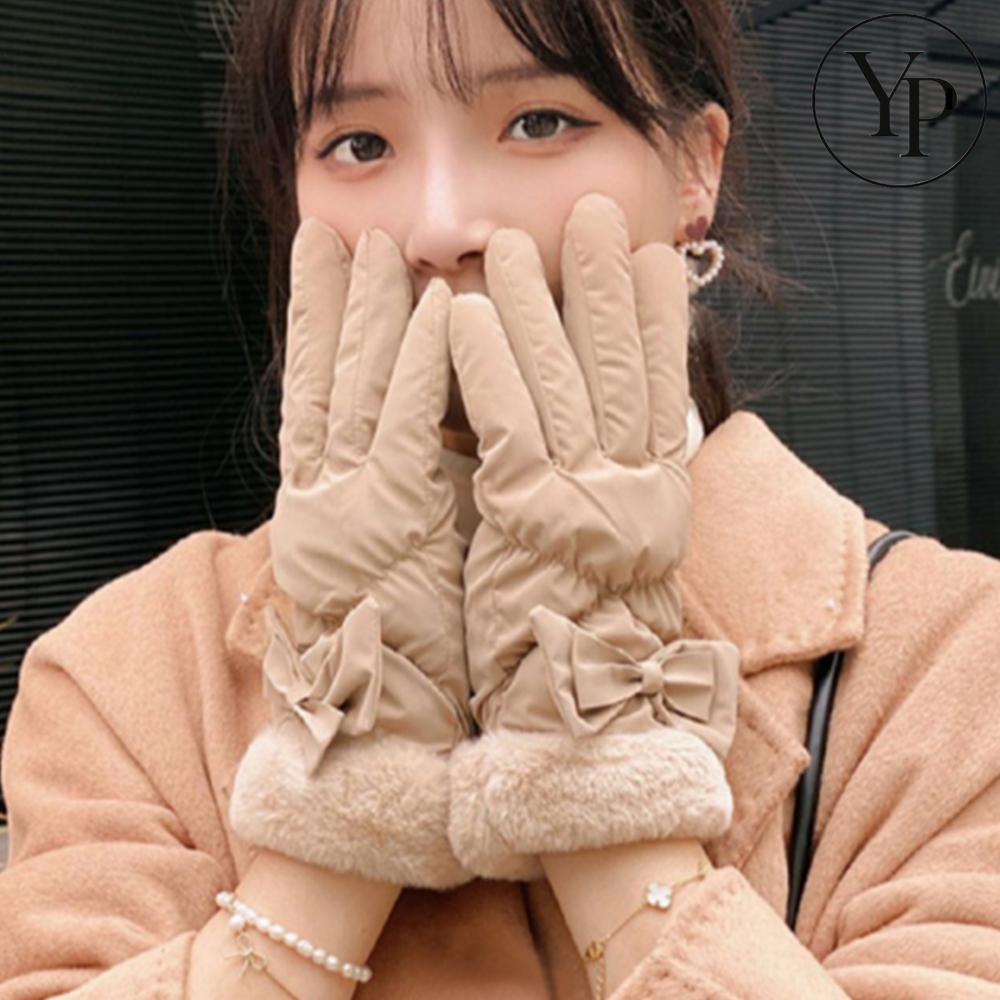 여성 패딩 기모 장갑 겨울 스마트폰 터치 방한 리본 패션 데일리 손가락 보온 글러브 - 상품 이미지