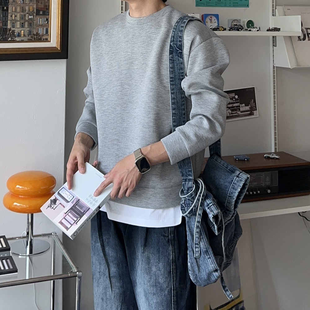 남자 맨투맨 구김없는 네오프렌 커플 오버핏 맨투맨 남자 긴팔티 - 상품 이미지