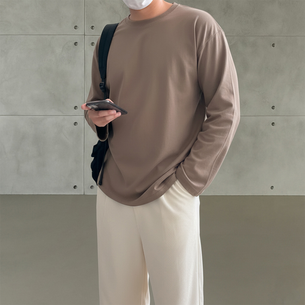 남자무지티 커플 오버핏 긴팔 목안늘어나는 비침없는 흰 티셔츠 - 상품 이미지