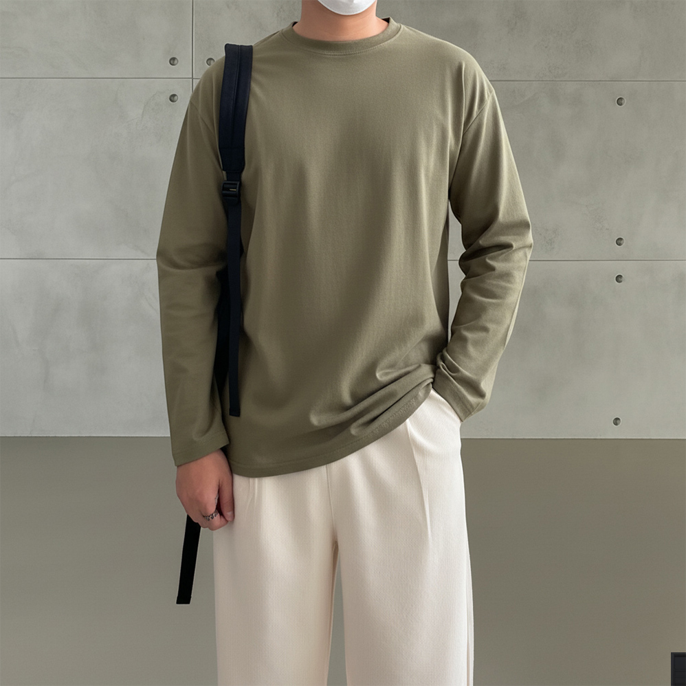 1+1 남자무지티 커플 오버핏 긴팔 목안늘어나는 비침없는 흰 티셔츠 - 상세 이미지 2