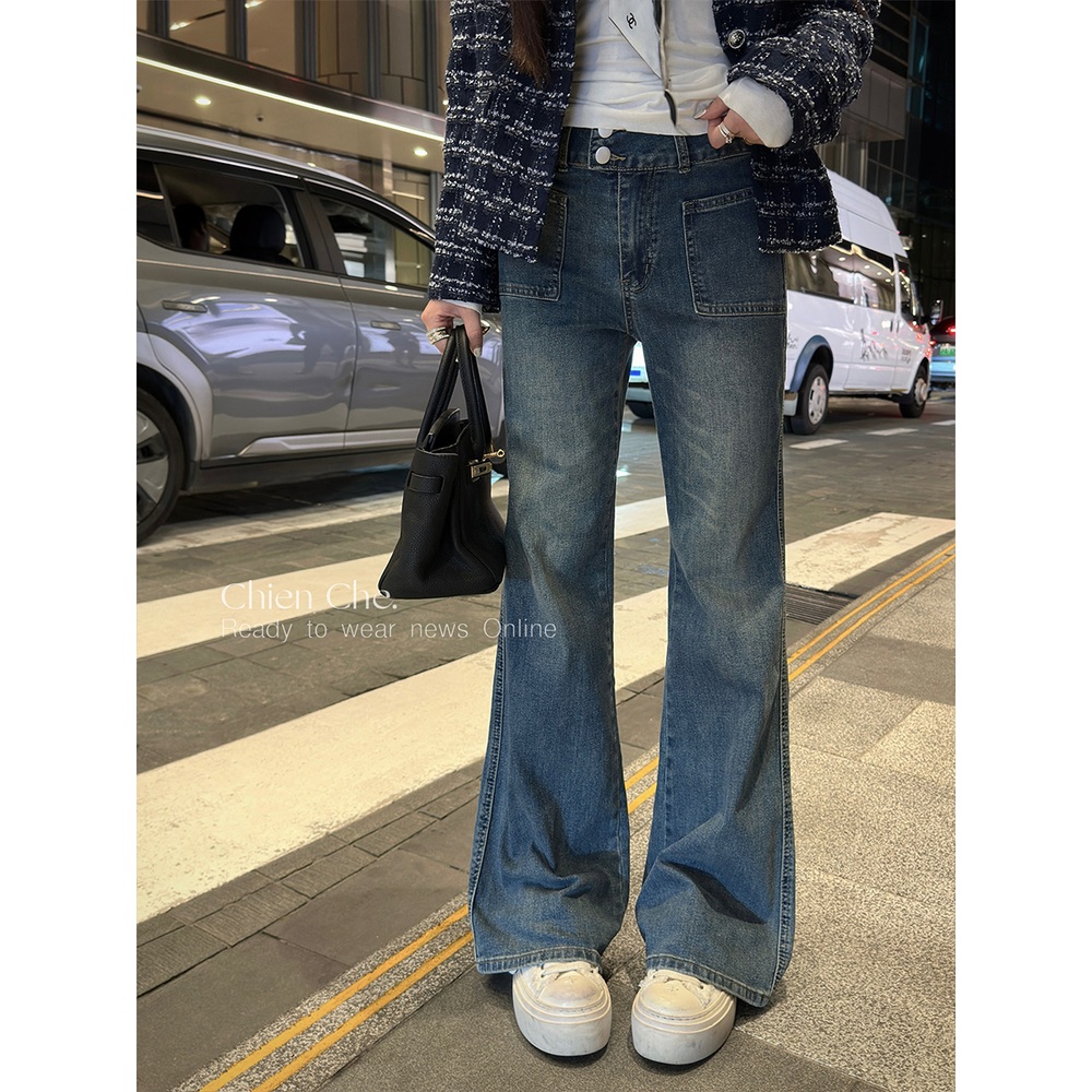 와이드 플레어진 데님 팬츠 포켓 디테일 레트로 워시드 블루 - 상세 이미지 2