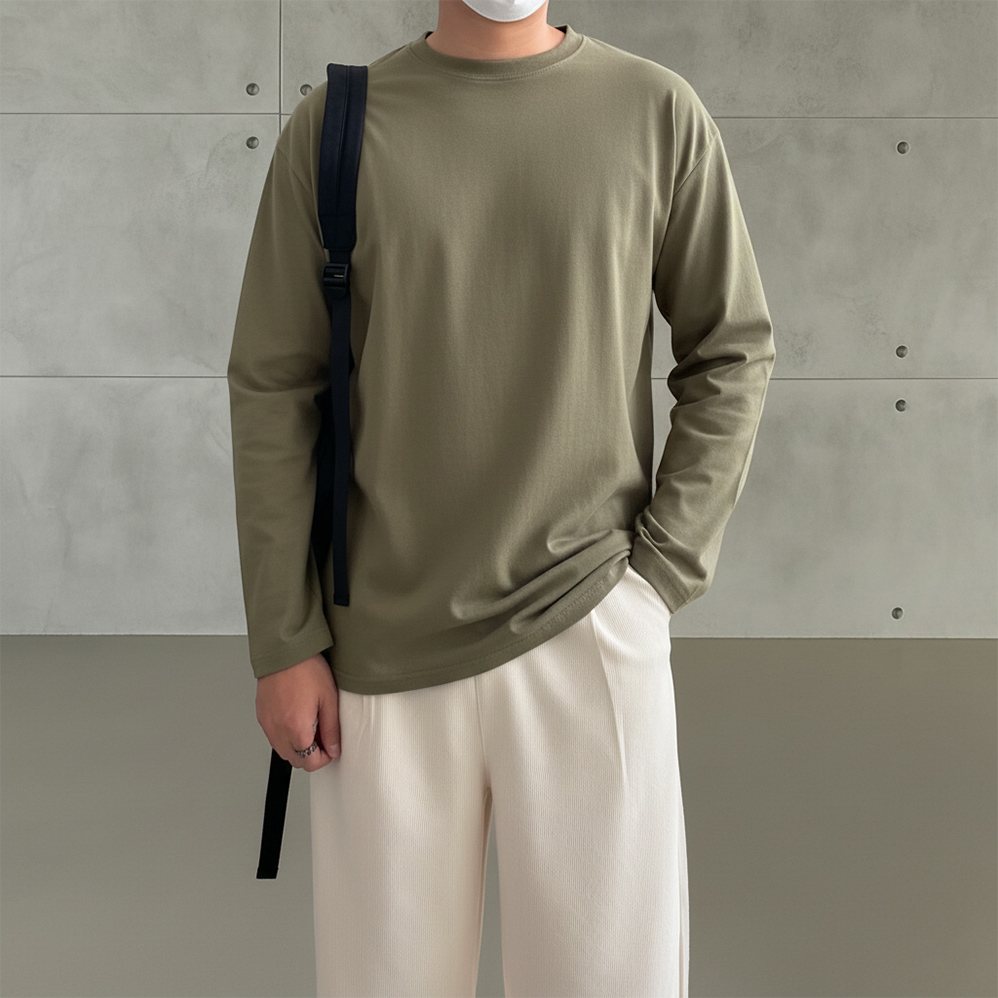 1+1 남자무지티 커플 오버핏 긴팔 목안늘어나는 비침없는 흰 티셔츠 - 상품 이미지