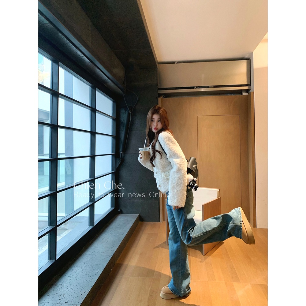 와이드 플레어진 데님 팬츠 포켓 디테일 레트로 워시드 블루 - 상세 이미지 4