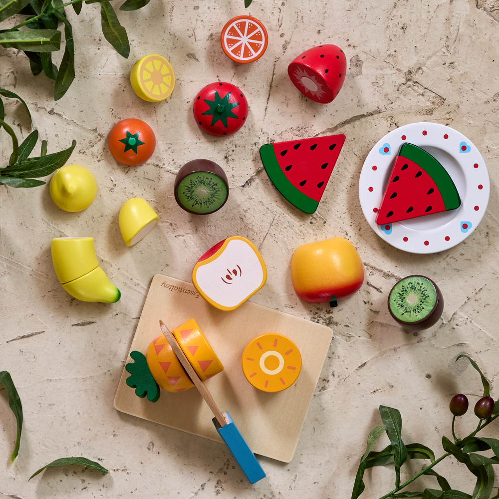 [과일 세트] 에센셜토이 원목 소꿉놀이 과일자르기 장난감 역할놀이 세트 (내장 자석)