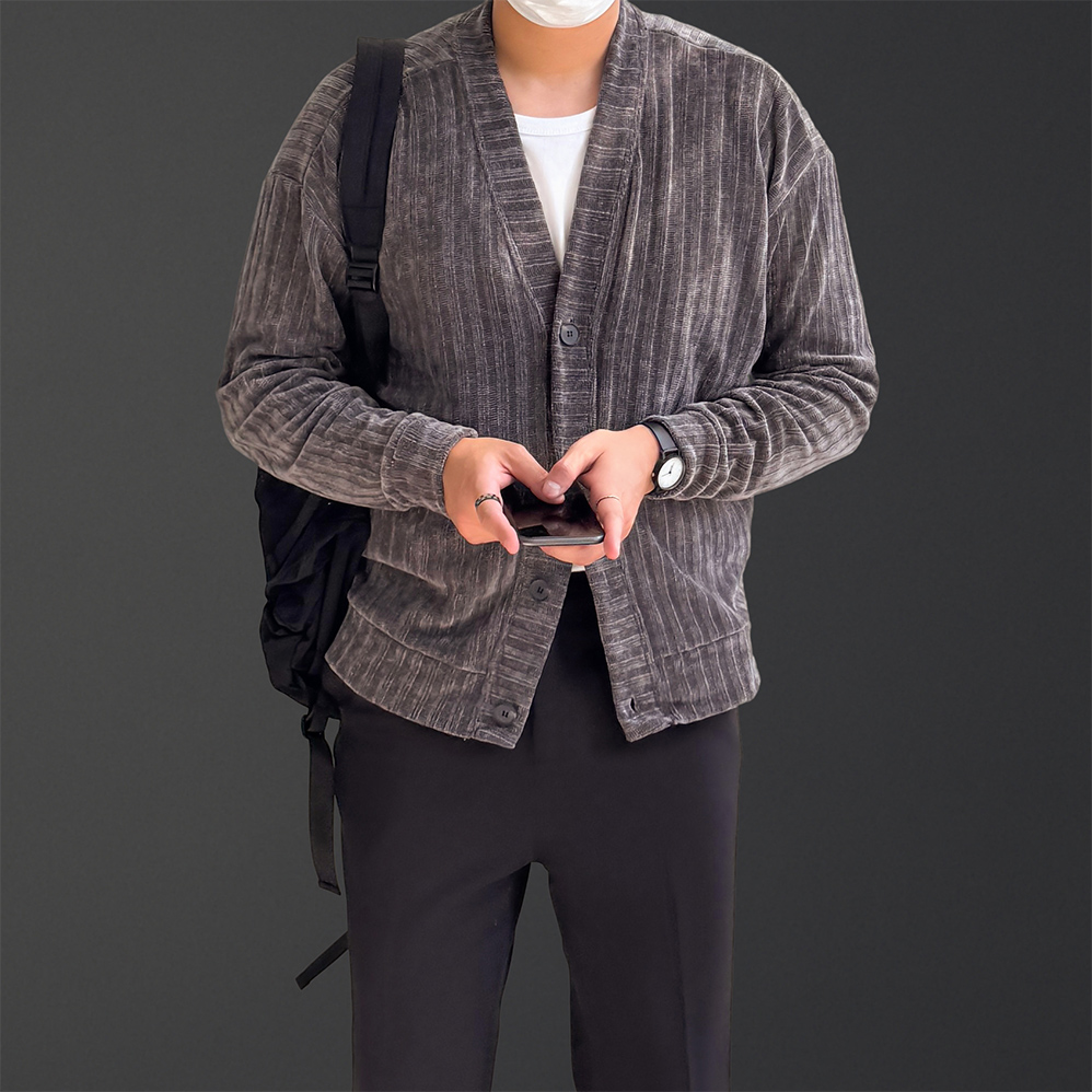 1+1 남자벨벳가디건 브이넥 크롭 오버핏 골지 니트 가디건 - 상세 이미지 5