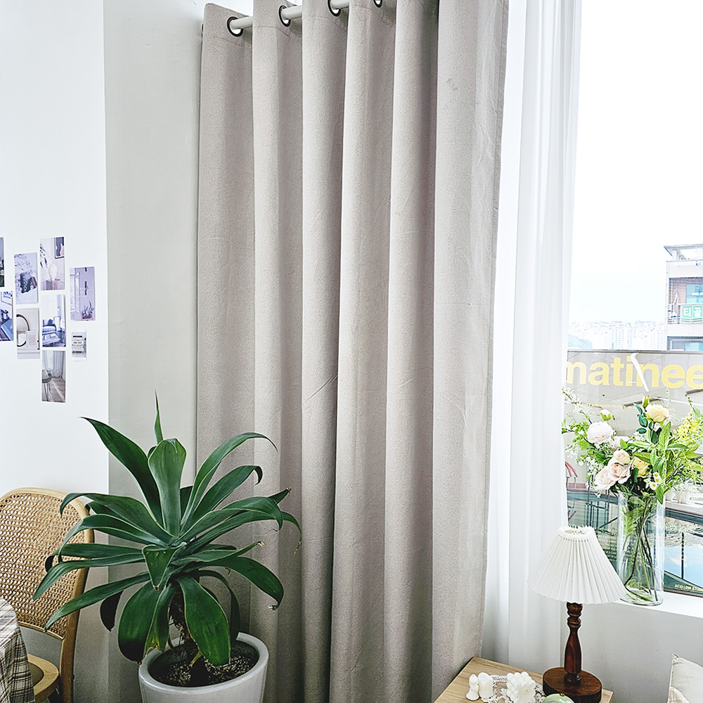 벽뚫지않는 암막커튼+힘센 압축봉 세트 모카베이지, 150x235cm