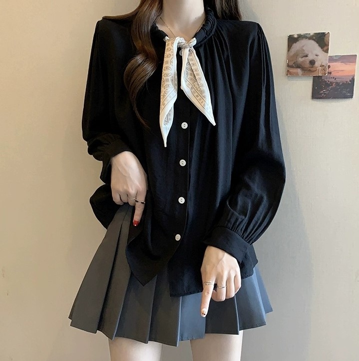내추럴셔링 리본넥 긴팔블라우스 쁘띠스카프 여성가을셔츠 데일리상의 오피스룩 여리핏 - 상세 이미지 3