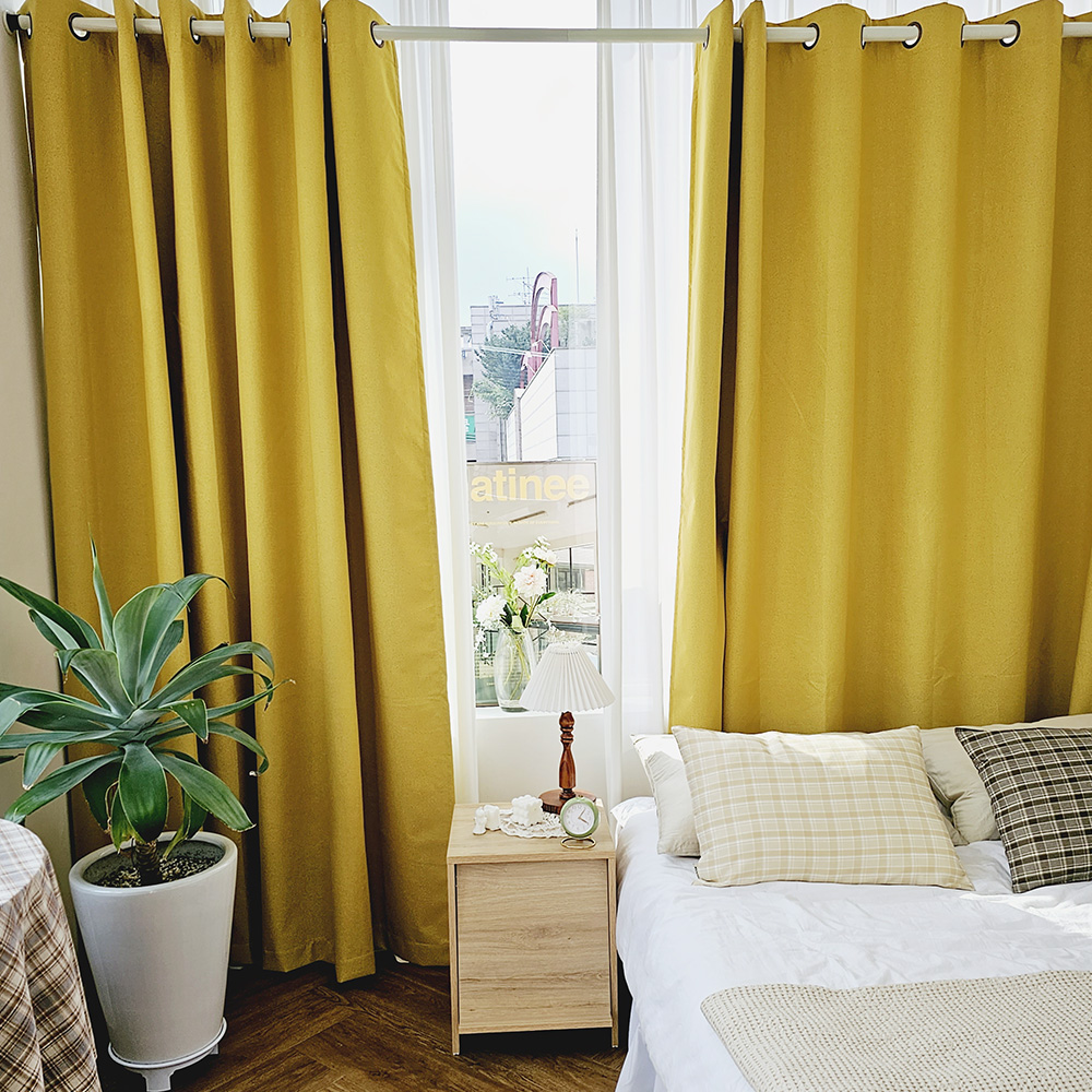 벽뚫지않는 암막커튼+힘센 압축봉 세트 버터옐로우, 450x235cm(가로225cm2장)
