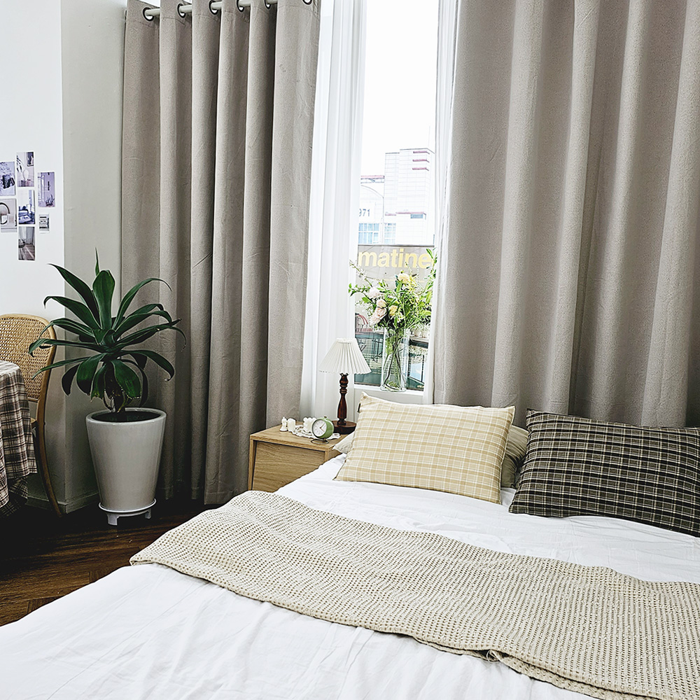 벽뚫지않는 암막커튼+힘센 압축봉 세트 모카베이지, 450x235cm(가로225cm2장)