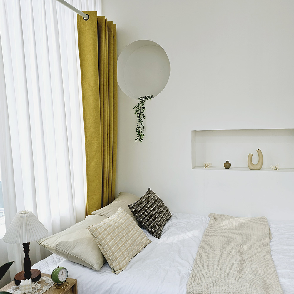 벽뚫지않는 암막커튼+힘센 압축봉 세트 버터옐로우, 225x235cm