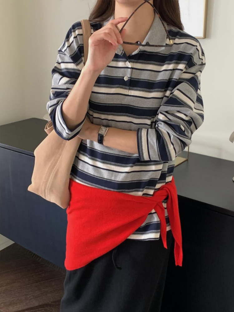캐주얼 루즈핏 단가라 럭비 카라티 스트라이프 티셔츠 여성 티셔츠 여자 긴팔 박스티 - 상세 이미지 5