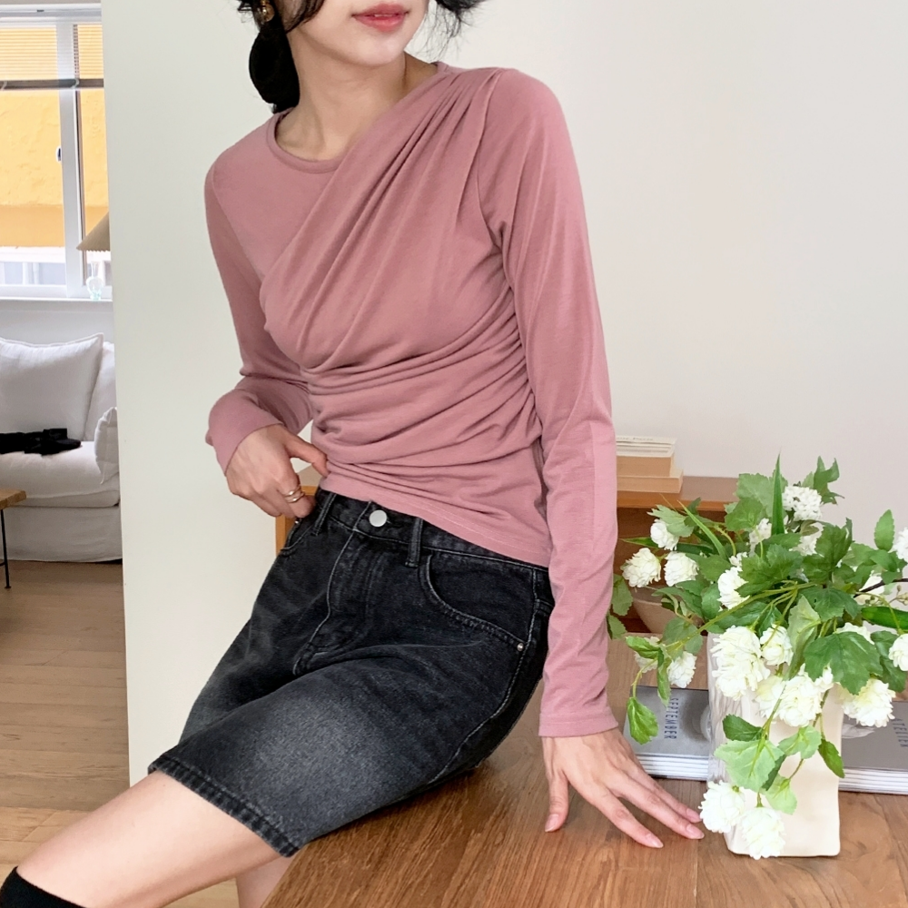 데일리즈 라운드넥 드레이프셔링티 여성슬림핏긴팔 자체제작 - 상품 이미지