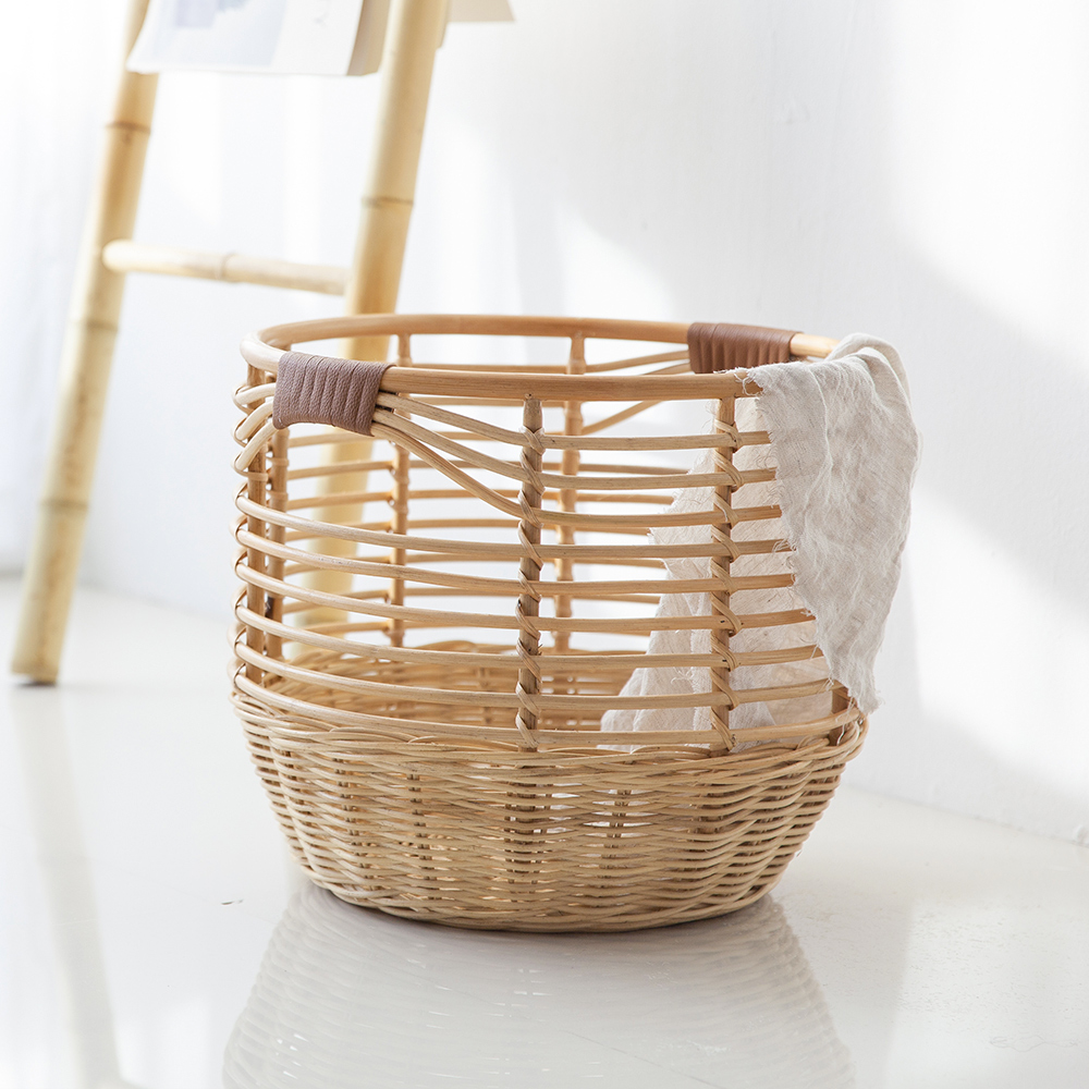 라탄바구니 가죽손잡이 수납 바스켓 정리 세탁 대형바구니 인형 빨래 담요