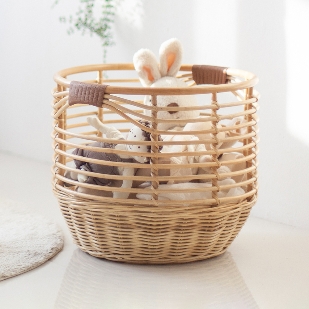 라탄바구니 가죽손잡이 수납 바스켓 정리 세탁 대형바구니 인형 빨래 담요