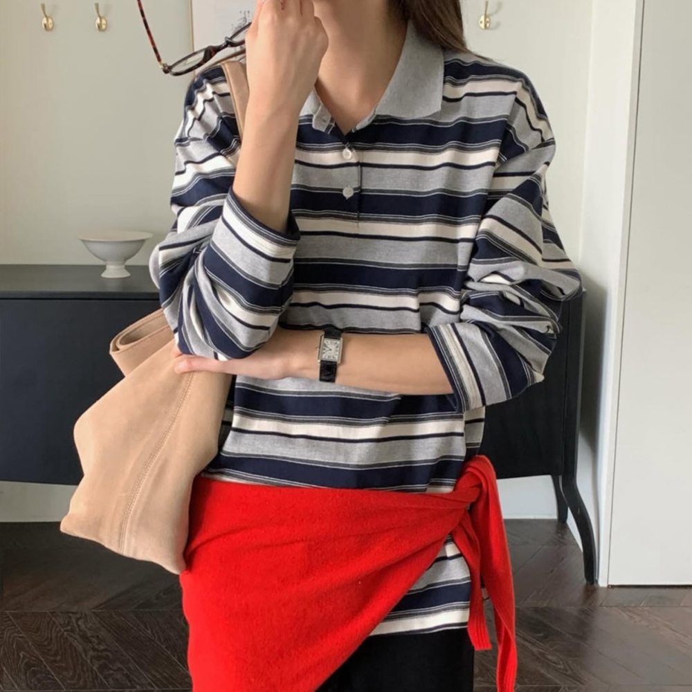 캐주얼 루즈핏 단가라 럭비 카라티 스트라이프 티셔츠 여성 티셔츠 여자 긴팔 박스티 - 메인 이미지