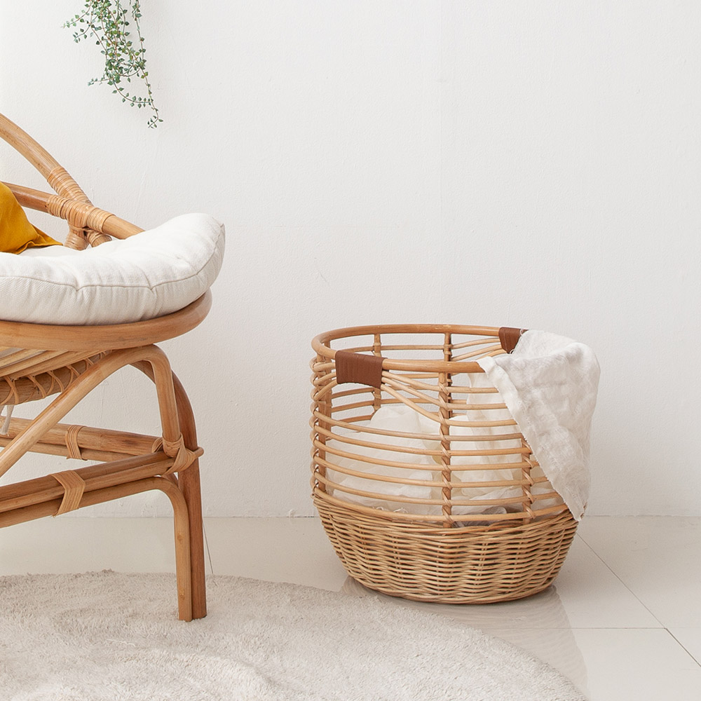 라탄바구니 가죽손잡이 수납 바스켓 정리 세탁 대형바구니 인형 빨래 담요