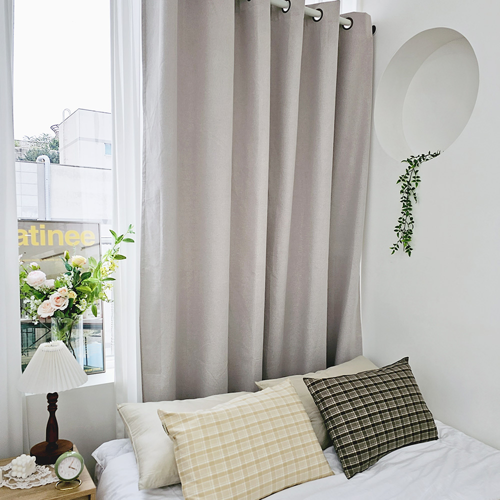 벽뚫지않는 암막커튼+힘센 압축봉 세트 모카베이지, 450x235cm(가로225cm2장)