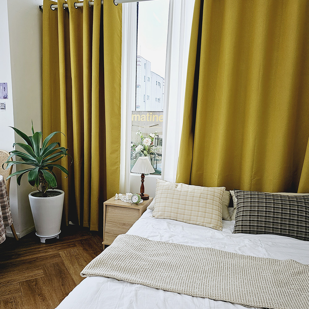 벽뚫지않는 암막커튼+힘센 압축봉 세트 버터옐로우, 300x235cm(가로150cm2장)