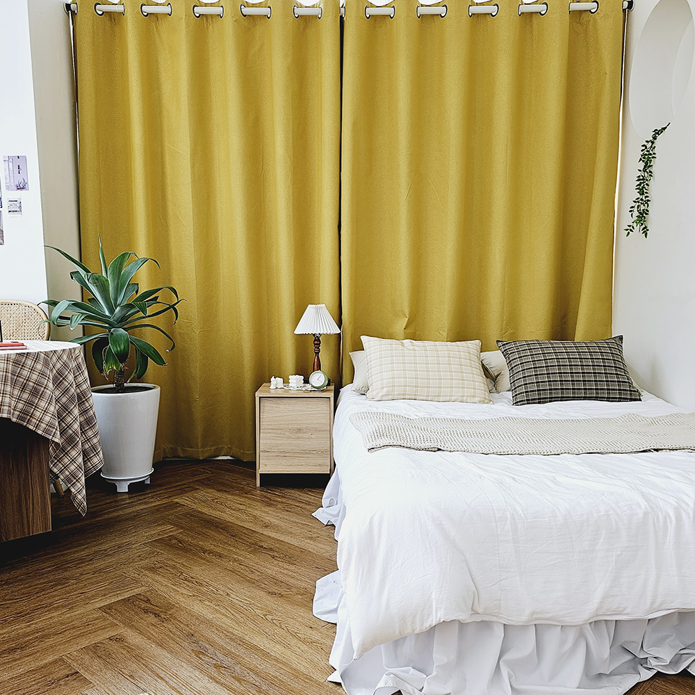 벽뚫지않는 암막커튼+힘센 압축봉 세트 버터옐로우, 300x235cm(가로150cm2장)