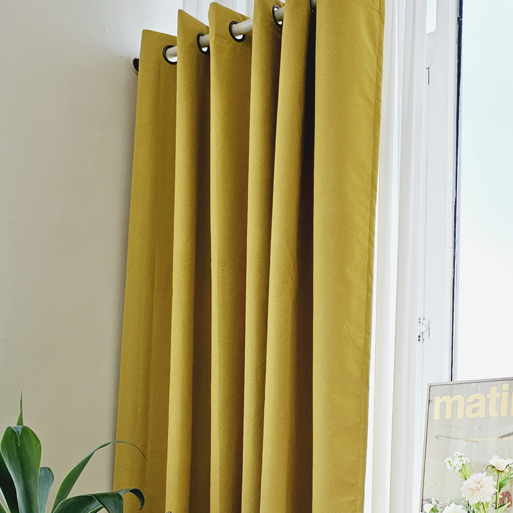 벽뚫지않는 암막커튼+힘센 압축봉 세트 버터옐로우, 150x235cm