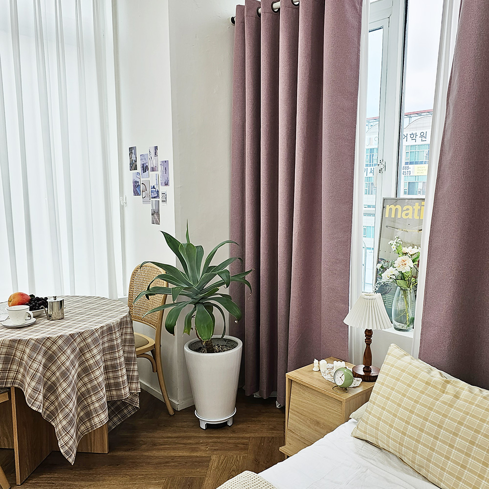 벽뚫지않는 암막커튼+힘센 압축봉 세트 핑크퍼플, 600x235cm(가로300cm2장)