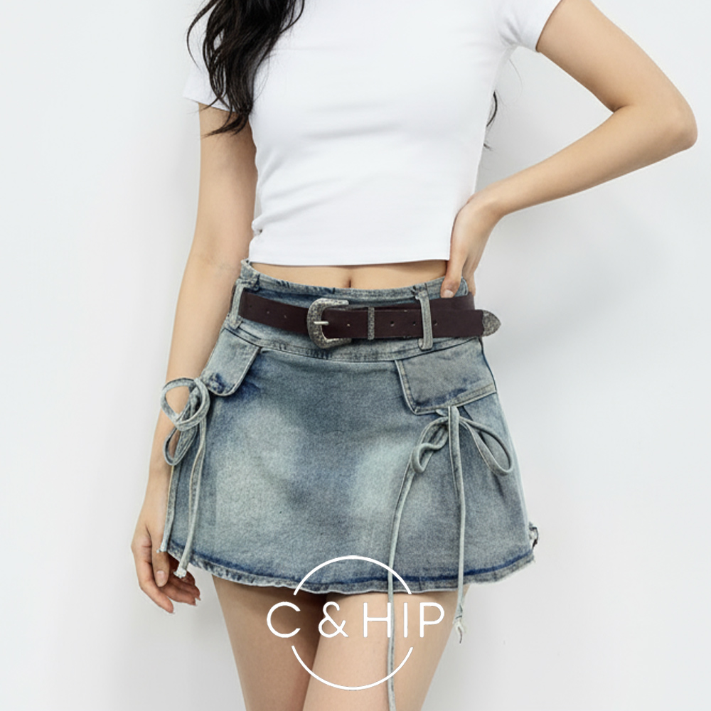 코틴 벨트세트 a라인 리본 코어 데님 스판 청 미니스커트 3color - 상품 이미지