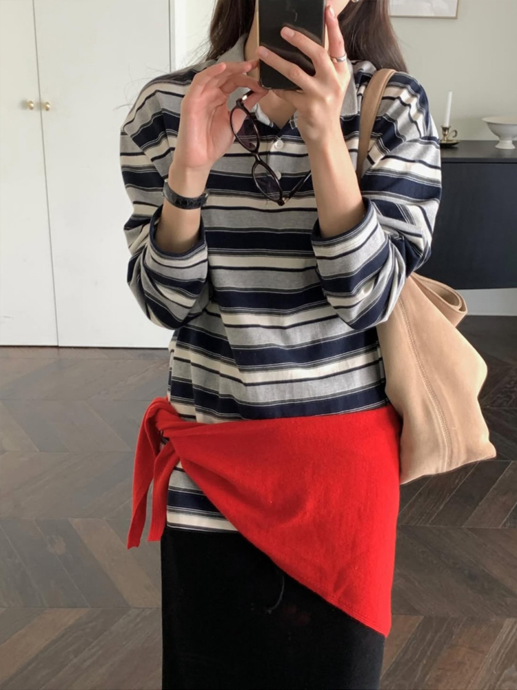 캐주얼 루즈핏 단가라 럭비 카라티 스트라이프 티셔츠 여성 티셔츠 여자 긴팔 박스티 - 상세 이미지 2