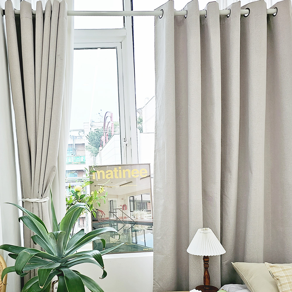 벽뚫지않는 암막커튼+힘센 압축봉 세트 모카베이지, 150x235cm