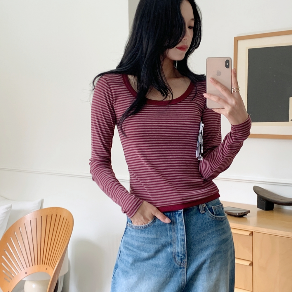 데일리즈 스트라이프링거티 유넥슬림핏 배색티셔츠 자체제작 - 상품 이미지