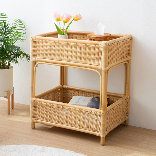 라탄 2단 선반장 나무선반 거실 테이블 원목수납 다용도 바구니 협탁 소품