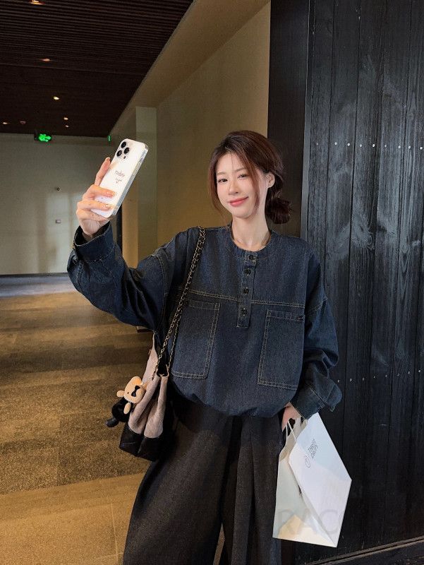 가을 여성 캐주얼 청남방 루즈핏 데님셔츠 오버핏 스타일 포켓 디테일 패치워크 활용도 높은 다용도 셔츠 - 상세 이미지 2