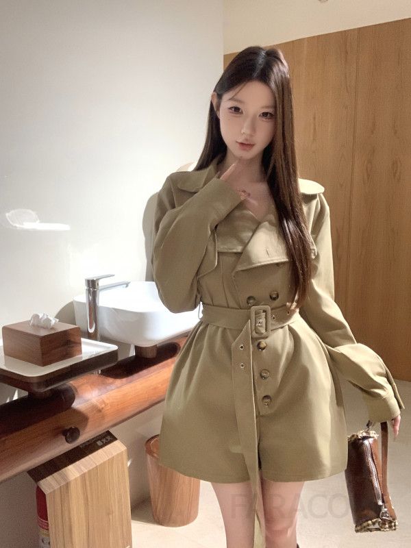슬림핏 더블 브레스트 윈드브레이커 점프수트 독특한 디자인 패션 스타일 허리라인 강조 트렌디한 외출용 캐주얼한 매력적인 룩 - 상세 이미지 3