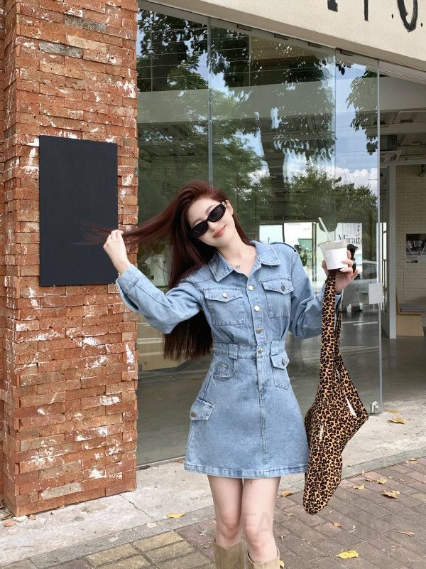 여성 데님 미니원피스 봄 가을 슬림핏 A라인 스타일 캐주얼 드레스 허리 강조 레트로 디자인 데일리 착용감 좋은 트렌디한 패션 - 상세 이미지 5