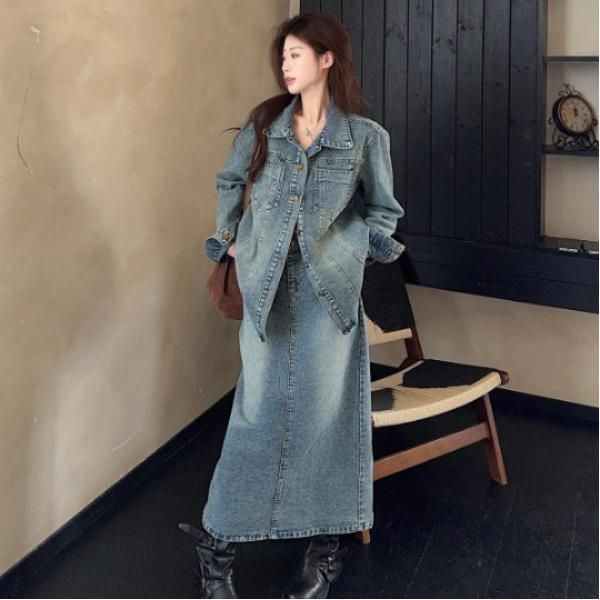여성 캐주얼 봄 가을 데님 재킷 레이스업 스커트 투피스 세트 패션 긴팔 복고풍 스타일 편안한 착용감 상하코디 - 상품 이미지
