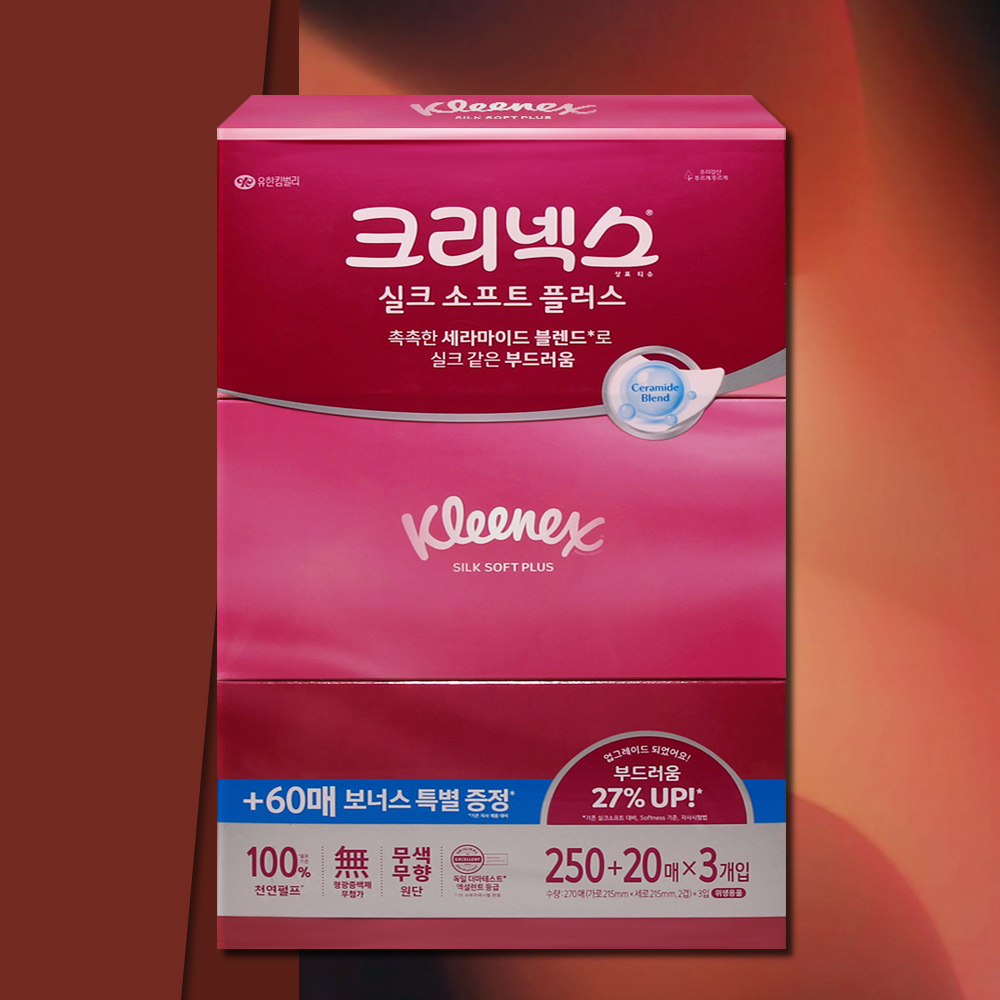 크리넥스 실크소프트 플러스 각티슈 미용티슈 270매 3개 대용량 곽티슈 곽휴지 사각티슈