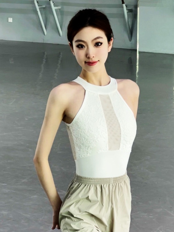홀터넥레오타드 성인 여성 무용복 시스루 레이스 댄스 발레복 화이트 S - 상품 이미지