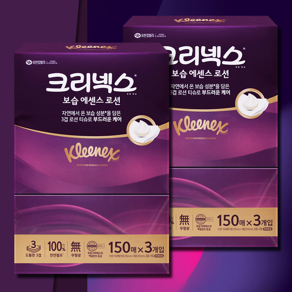 크리넥스 보습에센스 로션 각티슈 미용티슈 150매 6개 도톰한 3겹 보습티슈