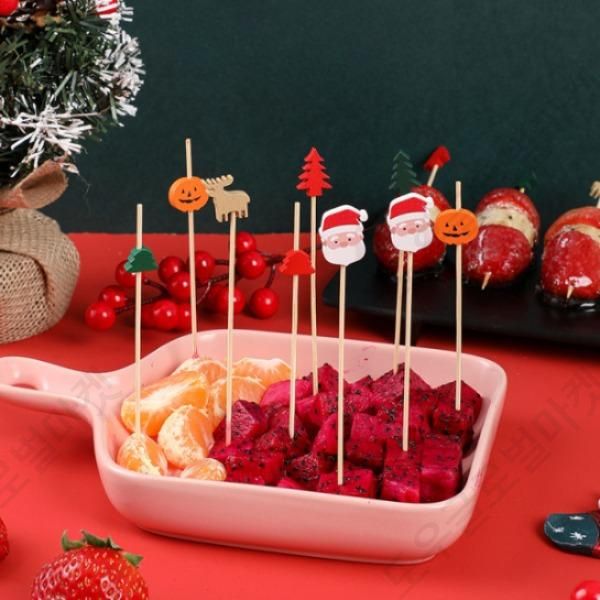 크리스마스 티포크 100개 과일 꼬치 만들기 대나무 막대 홈파티 홈메이드 과일 디저트 미니 쿠키 케이크 간식 떡 - 상품 이미지