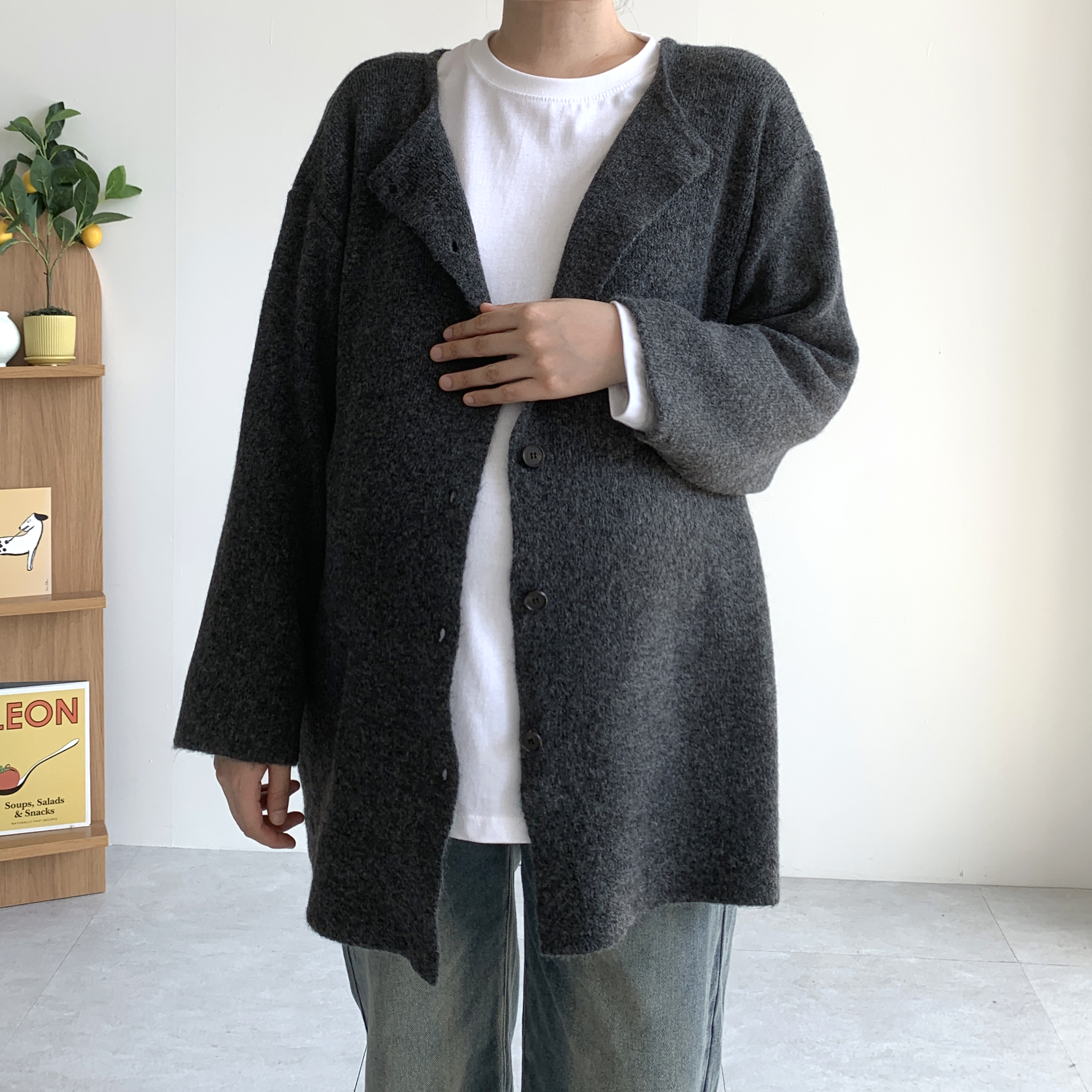 오버핏가디건 빅사이즈가디건 라운드넥 겨울가디건 - 상품 이미지